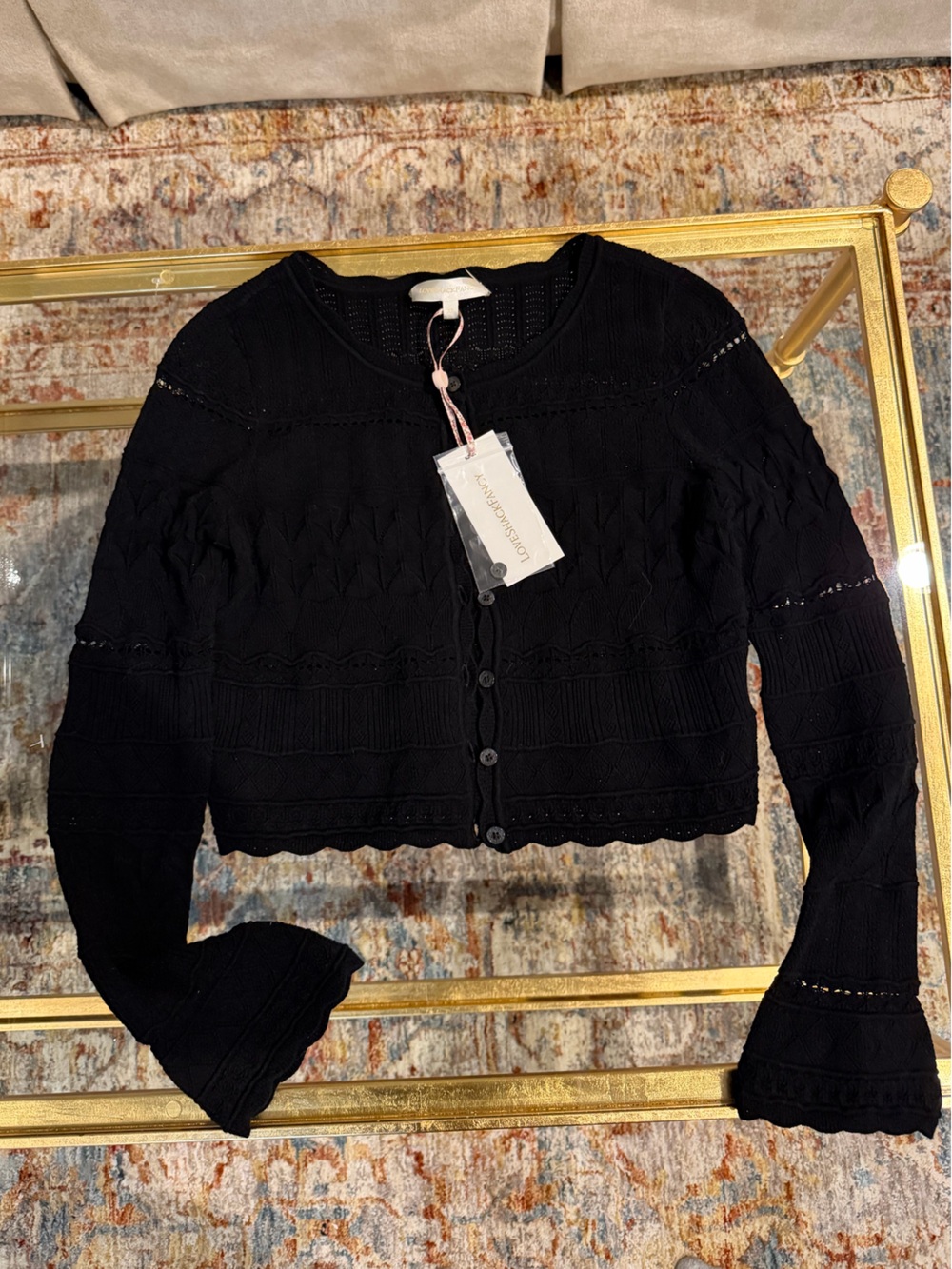 LoveShackFancy Black Textured Knit Button-Front Cardigan